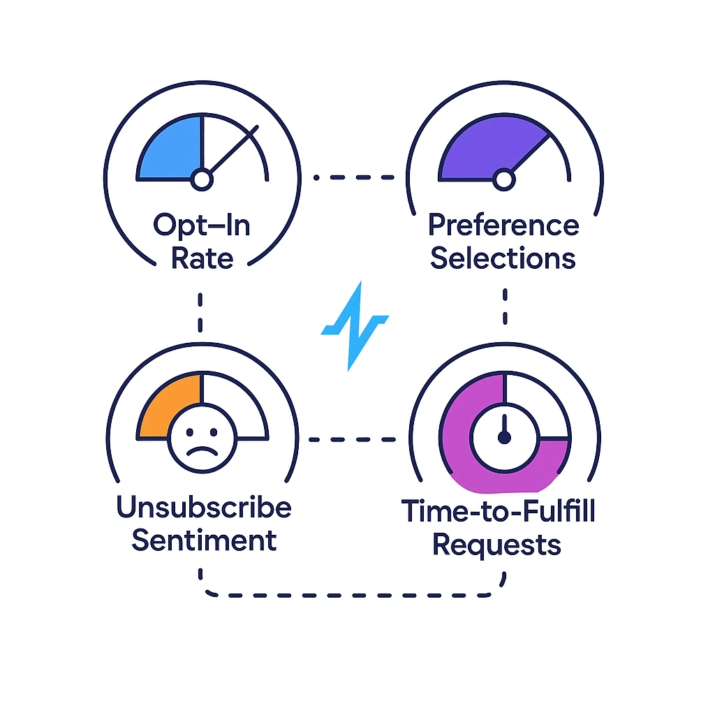 Four semicircular gauges showing opt-in rate, preference selections, unsubscribe sentiment and fulfillment time.