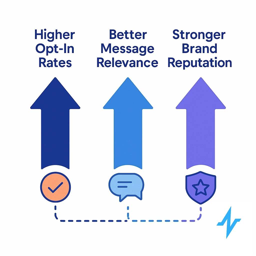 Three rising arrows labeled higher opt-in rates, better message relevance and stronger brand reputation.