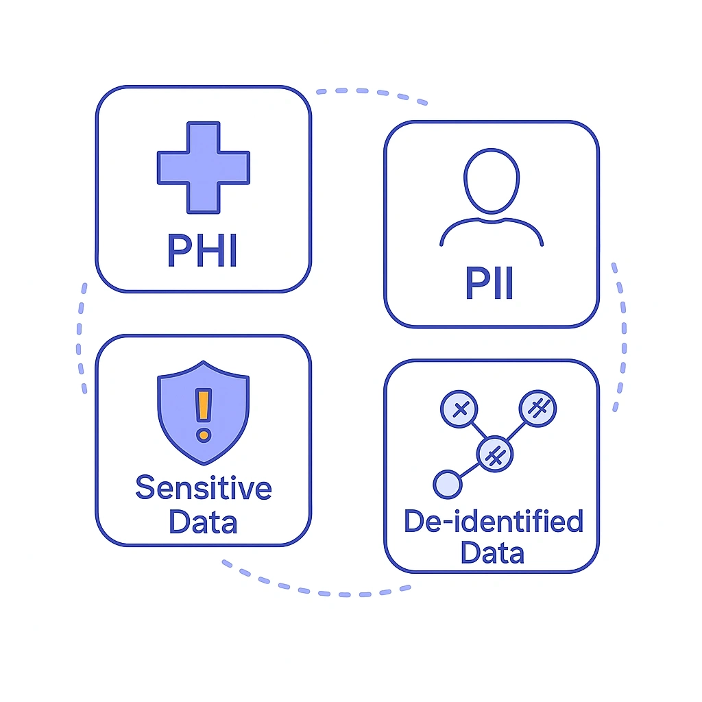 Four square tiles with icons defining PHI, PII, sensitive data and de-identified data.