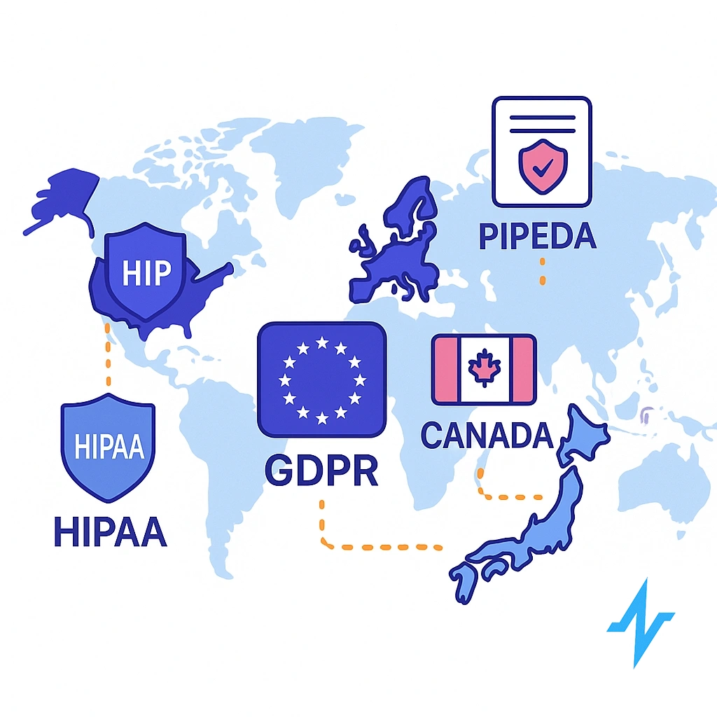 World map highlighting HIPAA, GDPR, PIPEDA, Canada and Japan's APPI with dotted connectors.