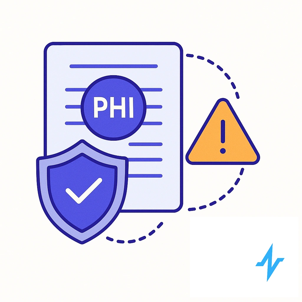 Protected health information document with shield and warning icon indicating HIPAA caution.