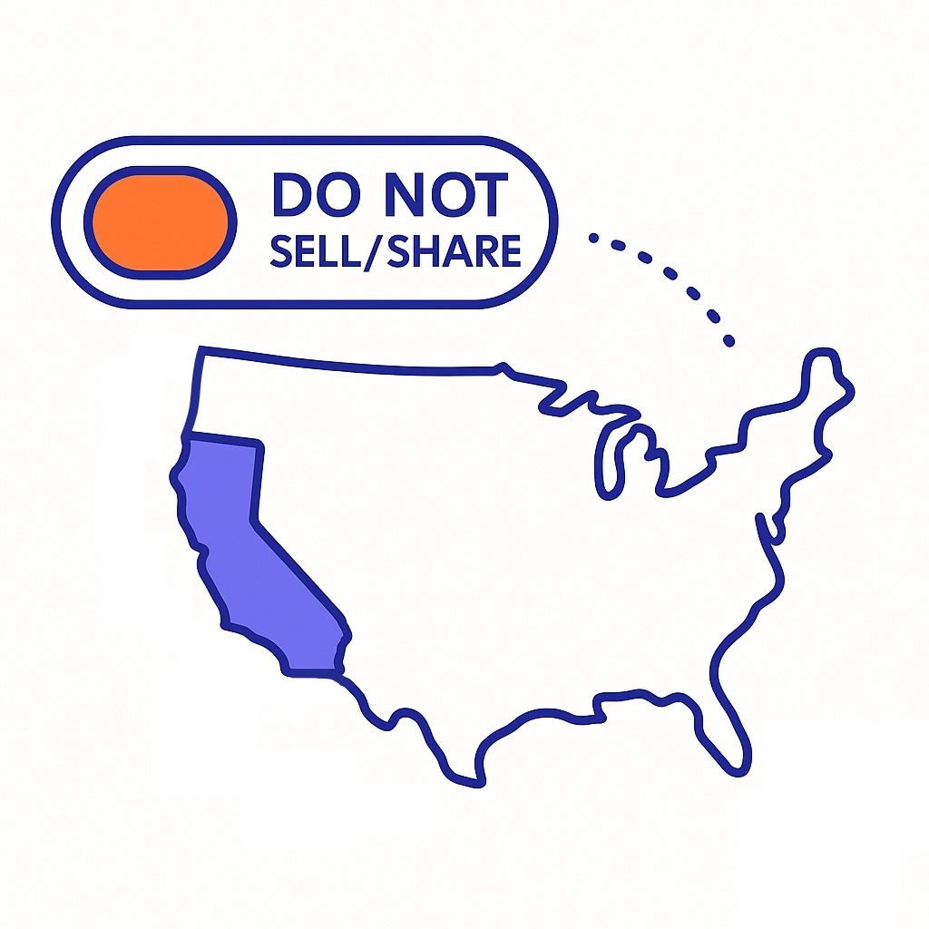 Map of the United States with California highlighted and a do not sell or share toggle.
