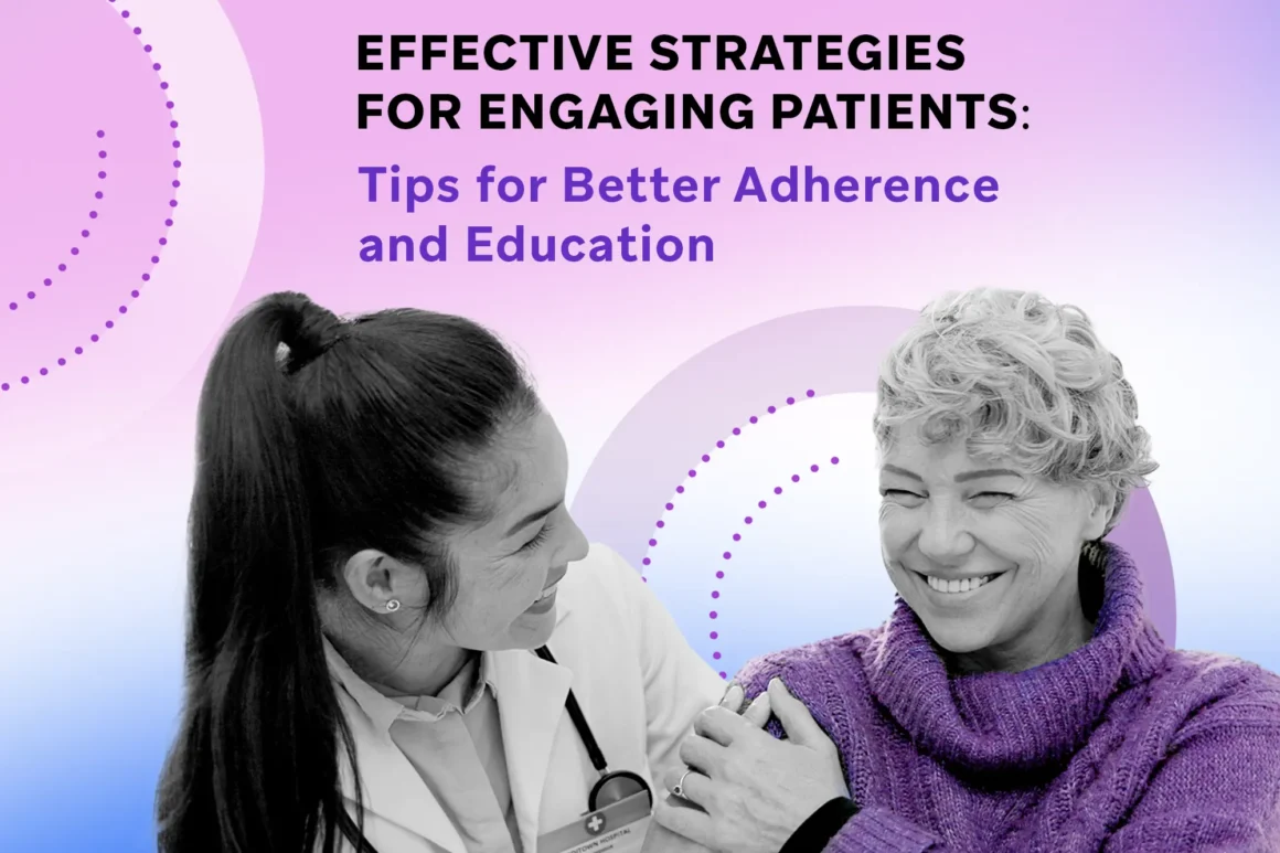A smiling doctor and patient share a warm moment, with a gradient pink and purple background featuring dotted circle graphics.