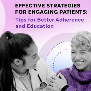 A smiling doctor and patient share a warm moment, with a gradient pink and purple background featuring dotted circle graphics.