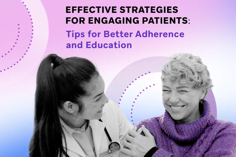 A smiling doctor and patient share a warm moment, with a gradient pink and purple background featuring dotted circle graphics.