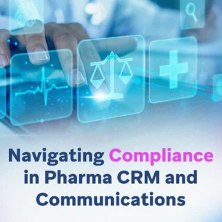 Photograph of a hand touching translucent medical icons (scales, heartbeat, cross) over a blurred tech background with the headline “Navigating Compliance in Pharma CRM and Communications."