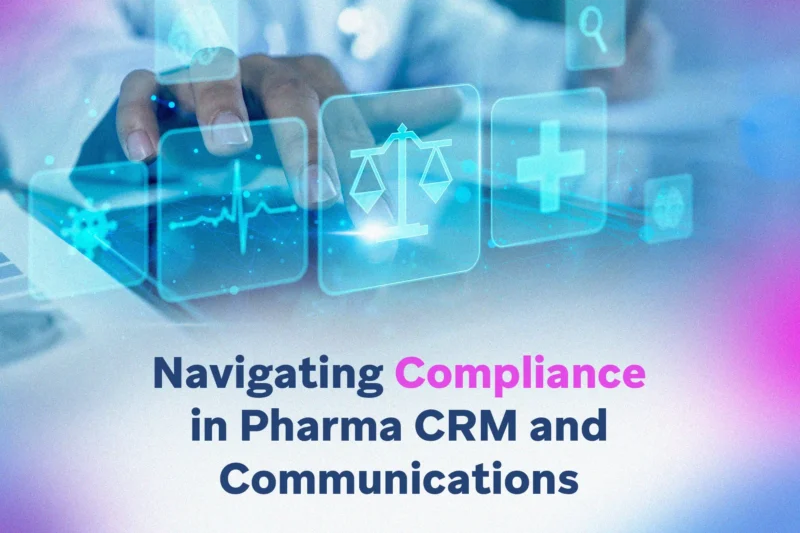 Photograph of a hand touching translucent medical icons (scales, heartbeat, cross) over a blurred tech background with the headline “Navigating Compliance in Pharma CRM and Communications."