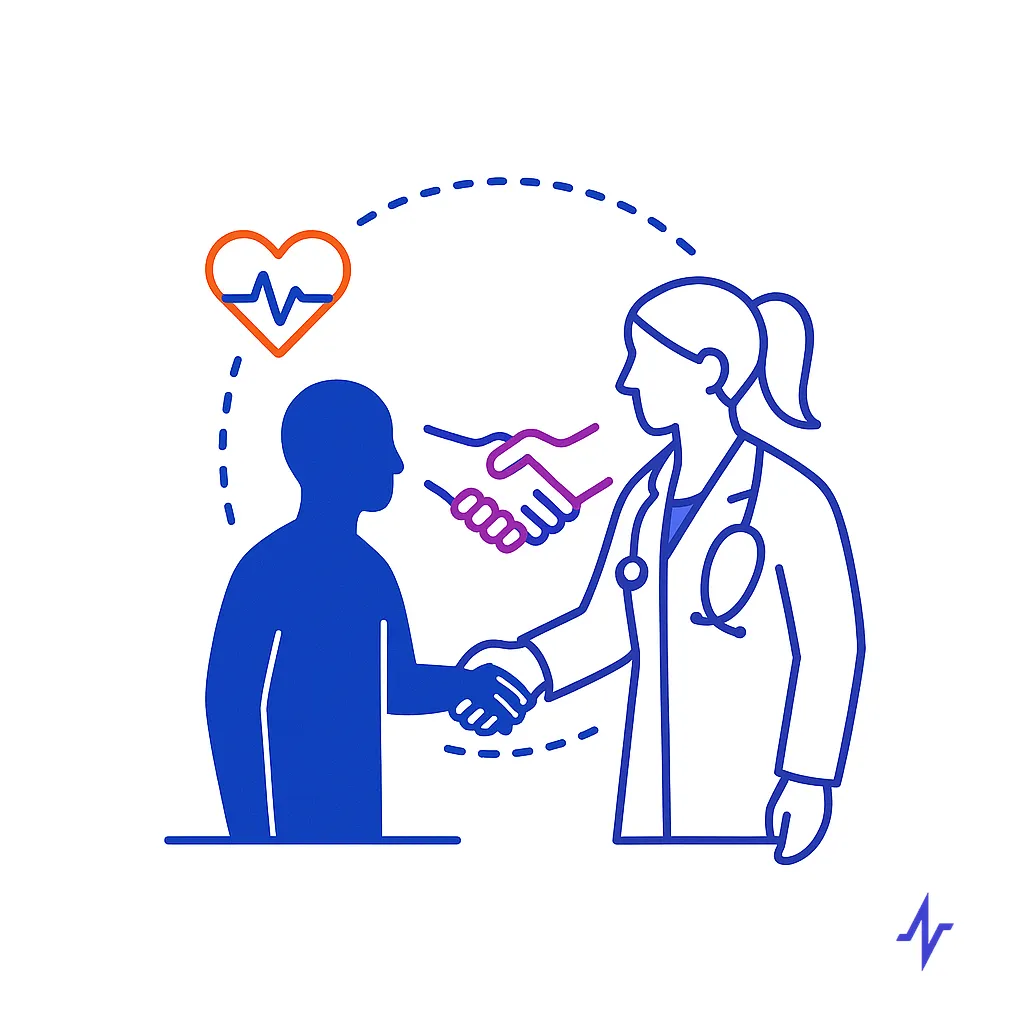 Illustration of a doctor and patient shaking hands with a heart icon showing the importance of trust in patient engagement.