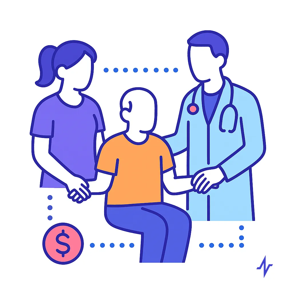 Doctor and caregiver support a seated patient demonstrating collaborative care and family involvement.