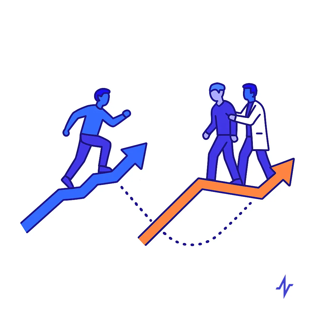 Two arrows show a person running alone and a doctor assisting another to compare compliance versus adherence journeys.