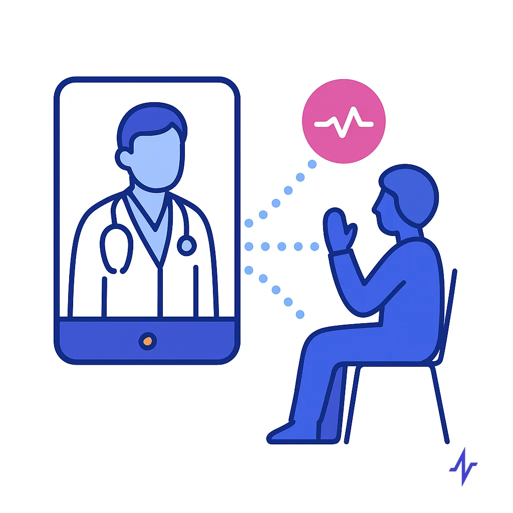 Patient waves to a doctor on a smartphone screen illustrating the convenience of telemedicine visits.