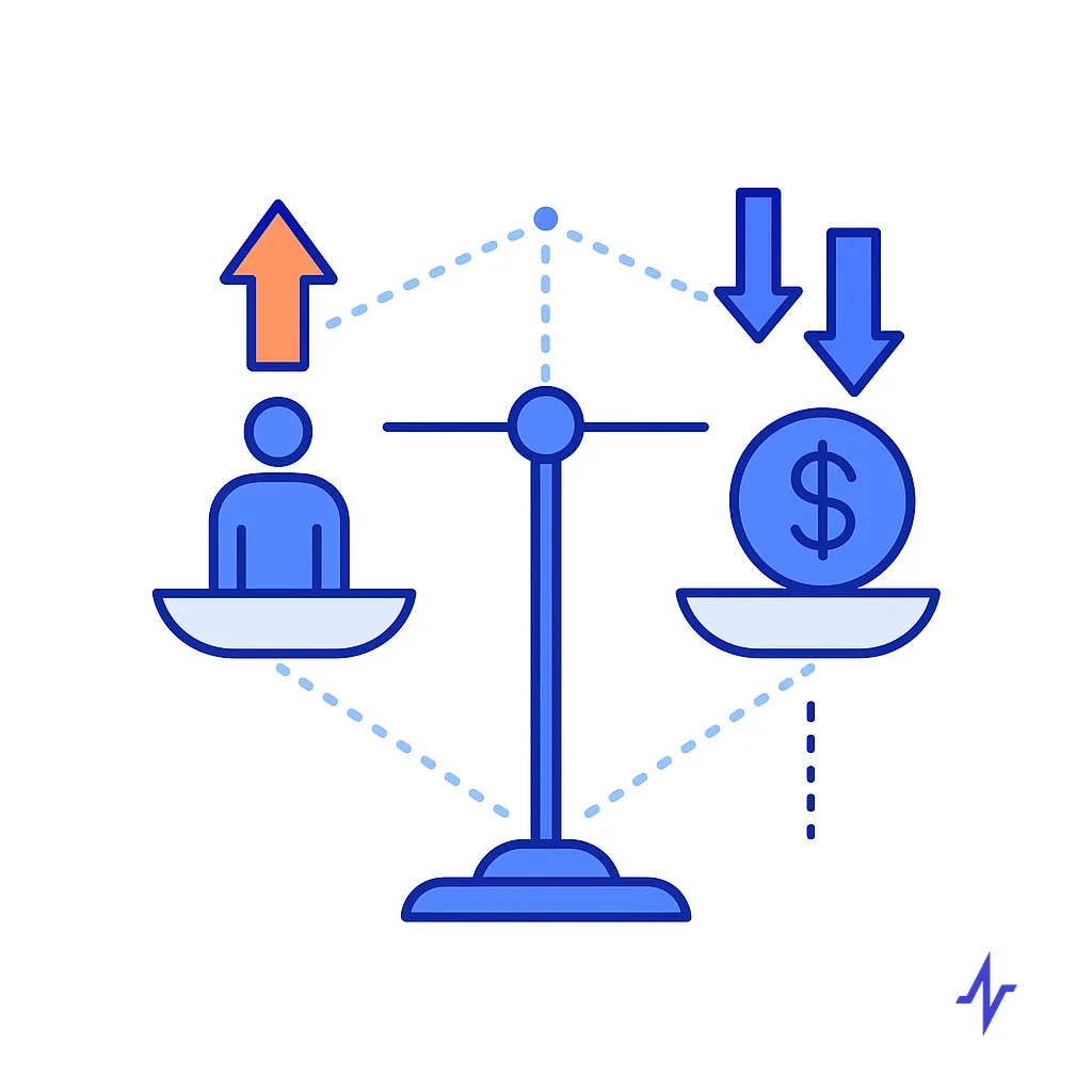 A scale with patient and money icons symbolizes achieving better health outcomes while reducing healthcare costs.