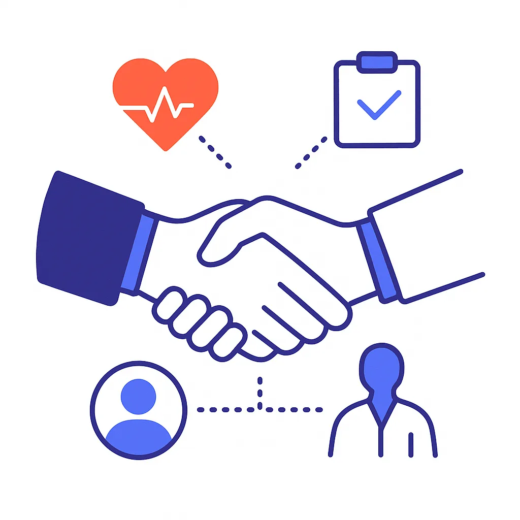 Handshake surrounded by heart, checklist and user icons conveys trust, compliance and partnership in care.