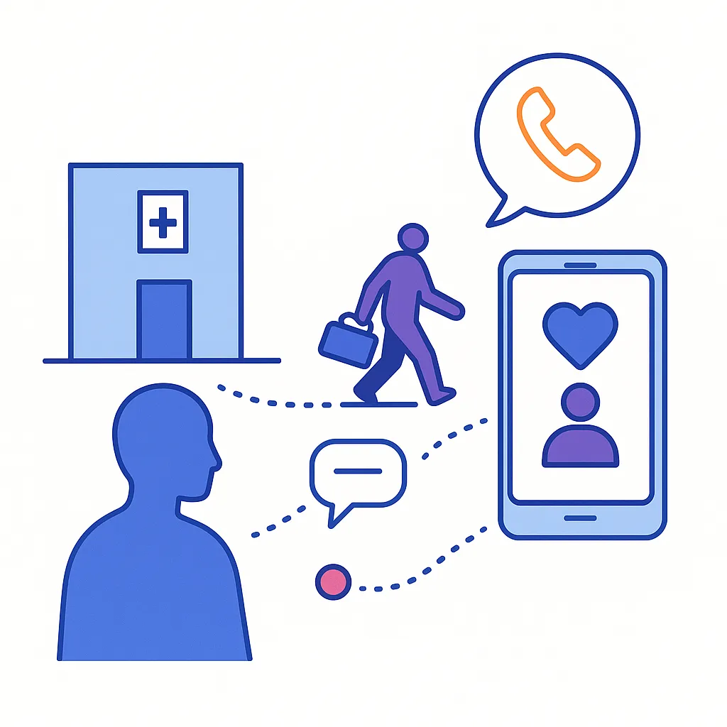 Hospital, phone calls and messages following a patient leaving depict continuous engagement after discharge.