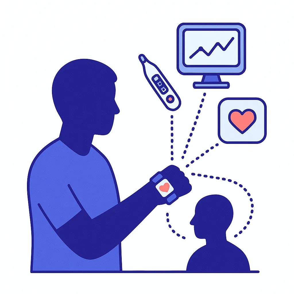 Person using a smartwatch with thermometer and heart data icons demonstrates remote patient monitoring.