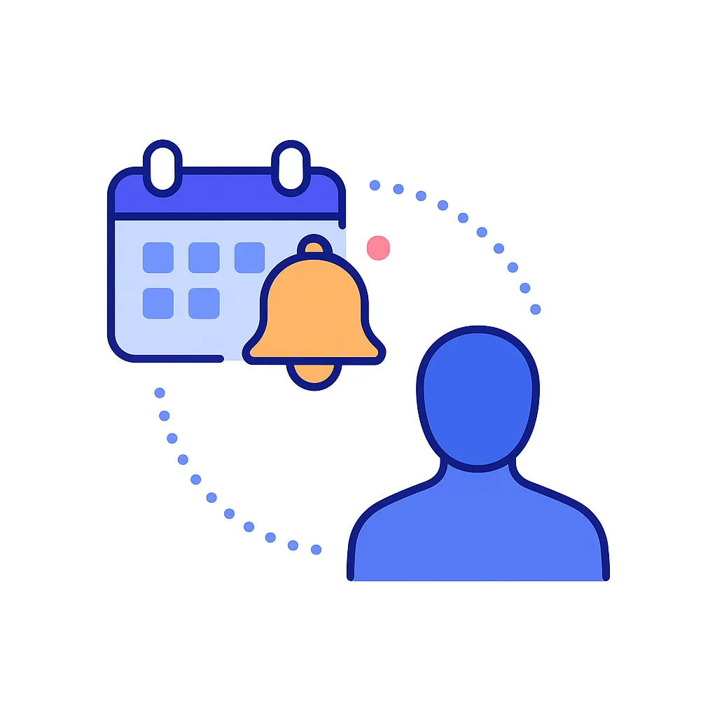 Calendar and bell connected to a patient depict automated reminders for appointments and medications.
