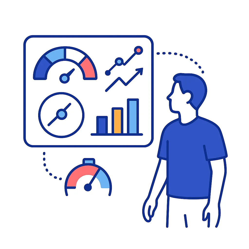 Person viewing gauges and charts illustrates using dashboards to measure and optimize engagement.