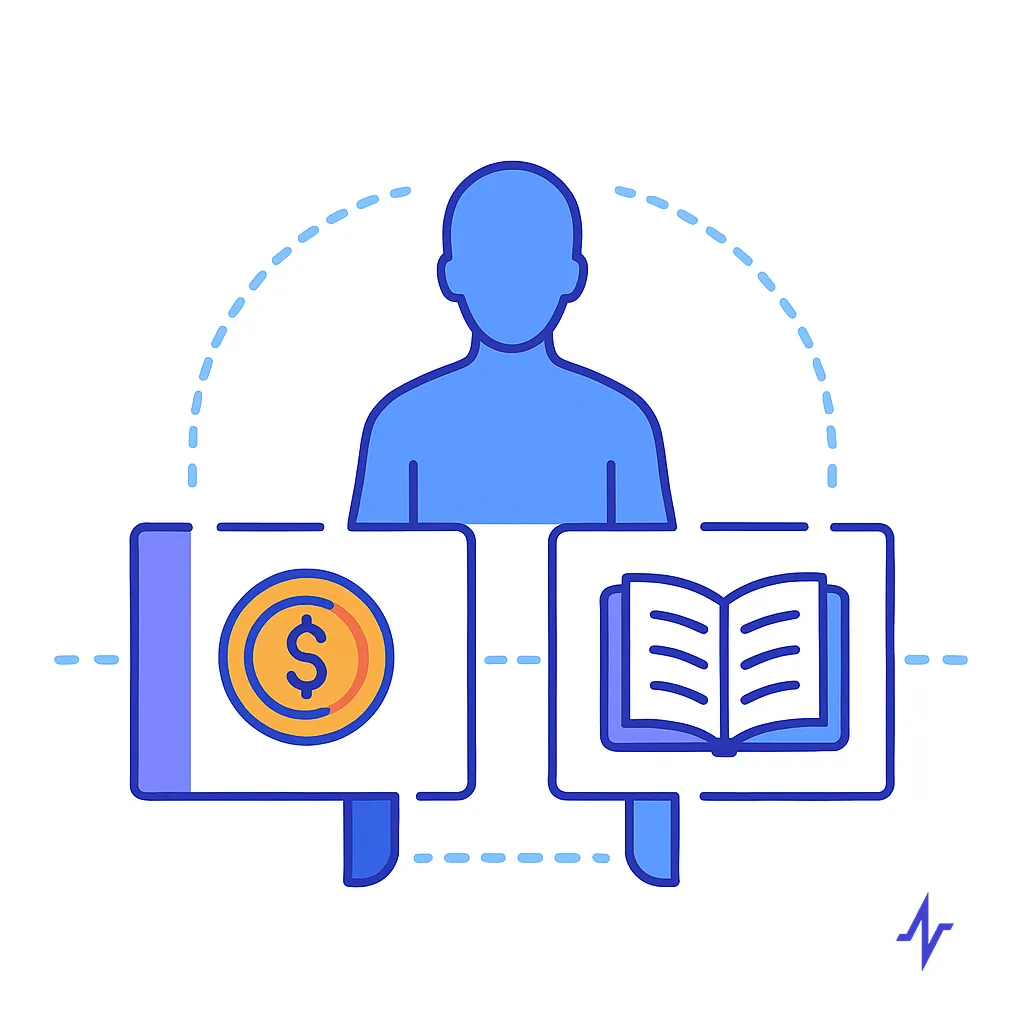 Image of a person choosing between a coin and a book representing socioeconomic and health literacy barriers to engagement.