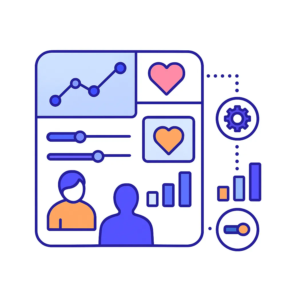 Dashboard with hearts, user profiles and sliders shows customizing outreach with data segmentation.