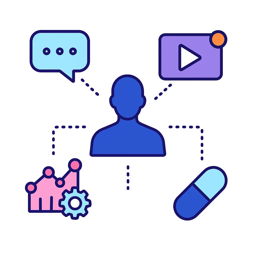 Patient connected to chat, video, analytics and medication icons demonstrates multi-channel communication.