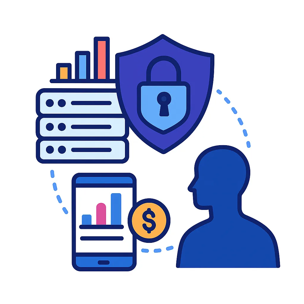 Servers, shield with lock and mobile chart convey secure data storage and privacy compliance in healthcare.