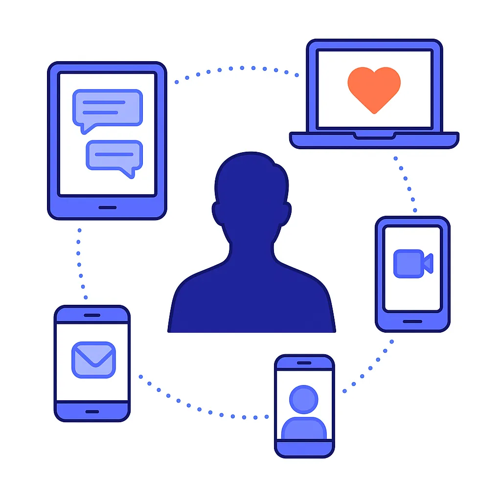 Person encircled by tablets, laptops and phones illustrates seamless communication across digital devices.