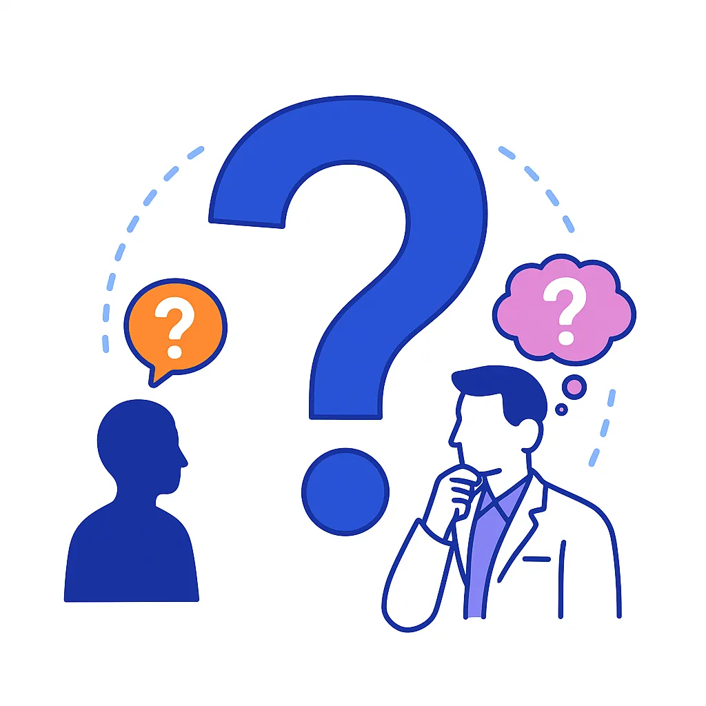 Large question mark between patient and doctor with thought bubbles illustrates addressing FAQs and patient questions.