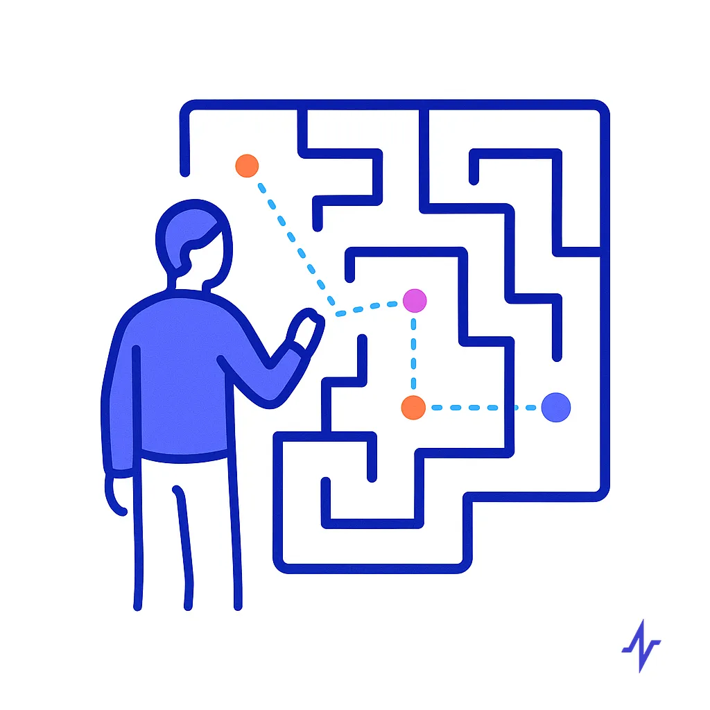 Person tracing a path through a maze depicts patients navigating complex healthcare systems and obstacles.