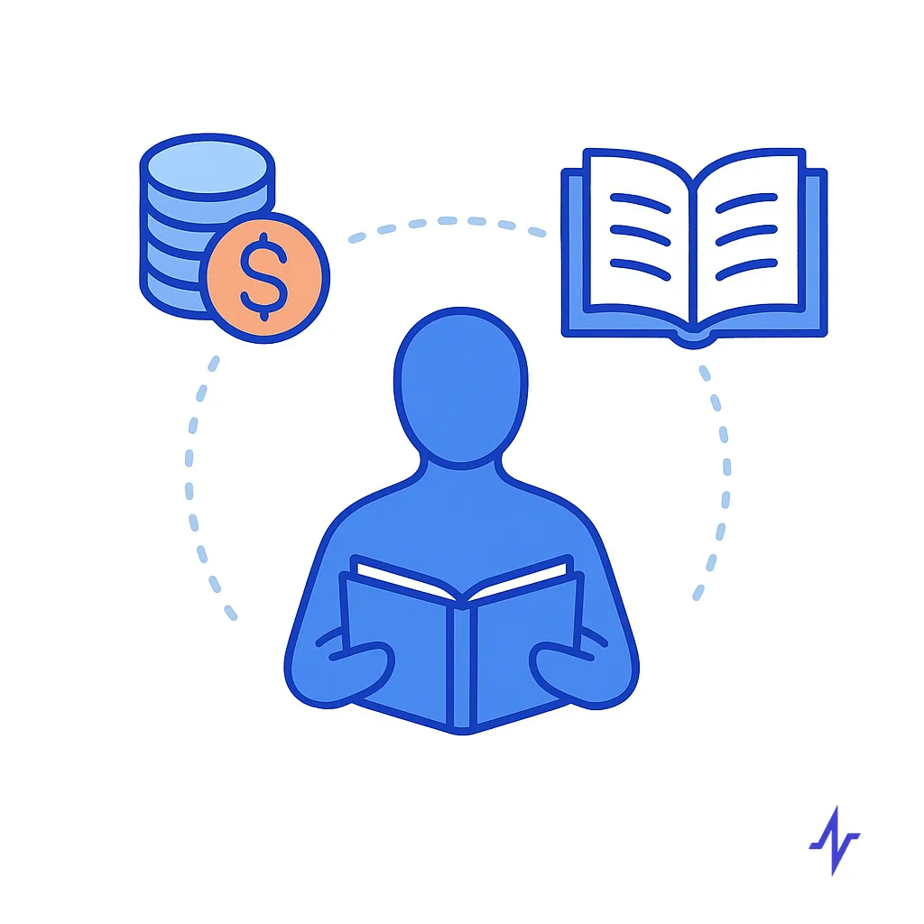 Person reading a book with coins and an open book around them shows the blend of financial and educational support in care.