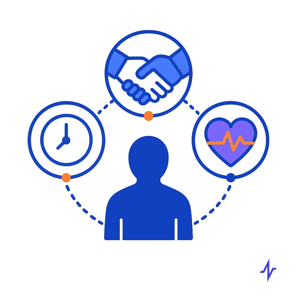 Patient connected to handshake, clock and heart icons represents time, trust and health in patient-centric engagement.
