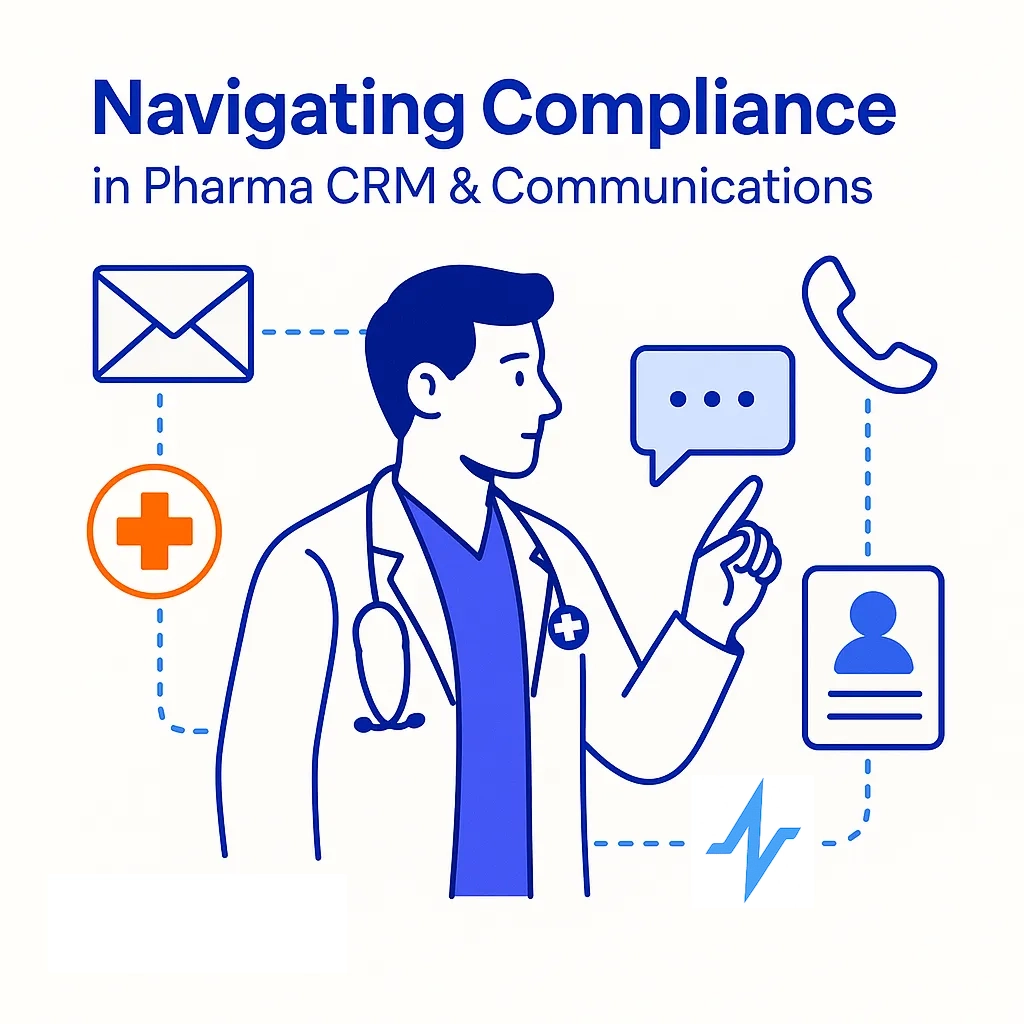 A doctor interacts with communication icons on a minimalist cover illustrating compliance in pharma CRM and communications.