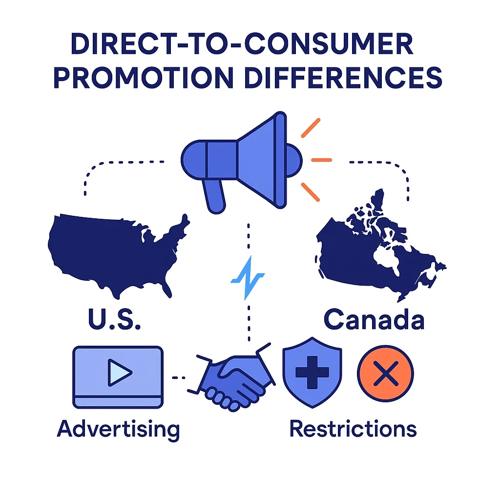 A megaphone bridges U.S. advertising icons with Canadian restriction symbols, highlighting DTC promotion differences.