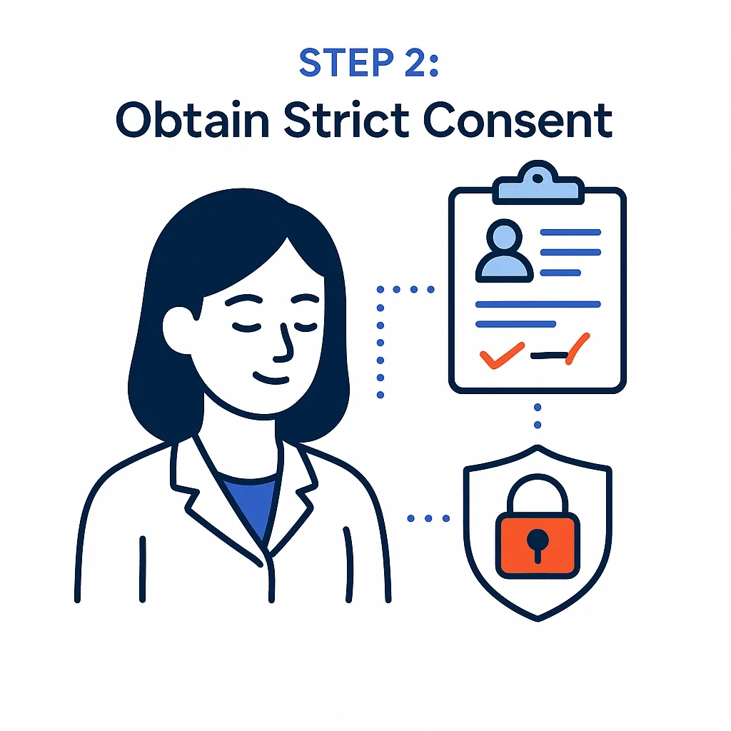 A doctor reviews forms with double checkmarks and a lock, emphasizing strict consent requirements in Canada.