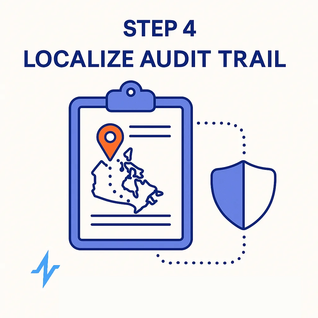 A clipboard featuring a map of Canada and a shield depicts localizing audit trails with country-specific records.