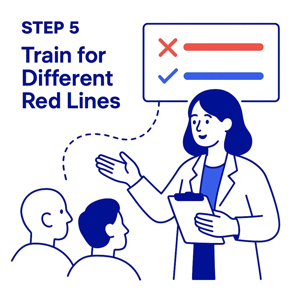 A trainer presents red and blue lines to a team, symbolizing instruction on different compliance boundaries.