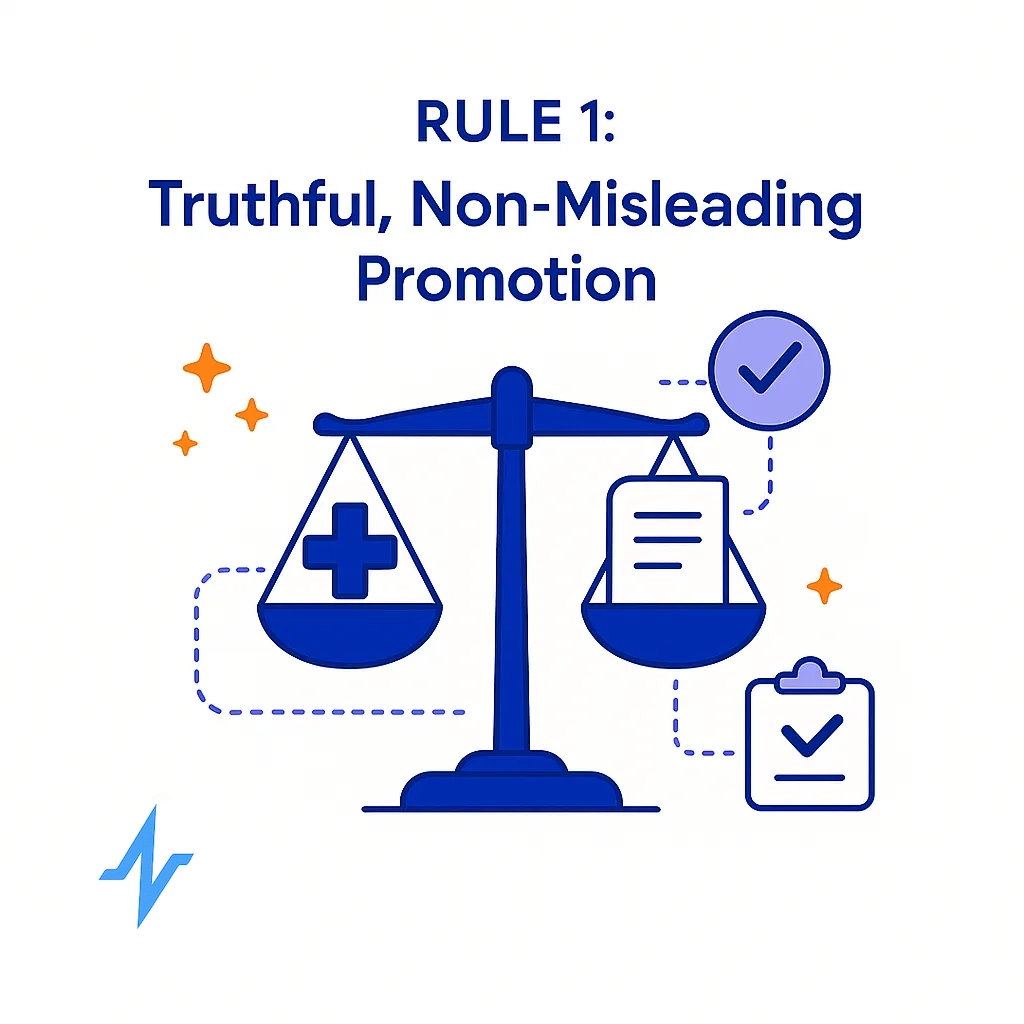 Balanced scales compare a healthcare cross with an approved document to convey truthful, non‑misleading promotion.