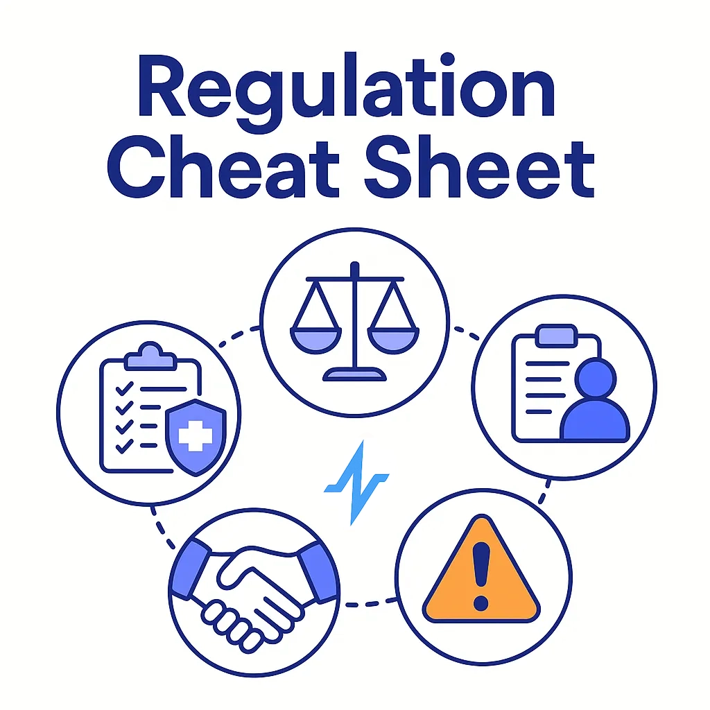 Six icons for claims, privacy, outreach, samples, adverse events, and transparency form a circular regulatory cheat sheet.