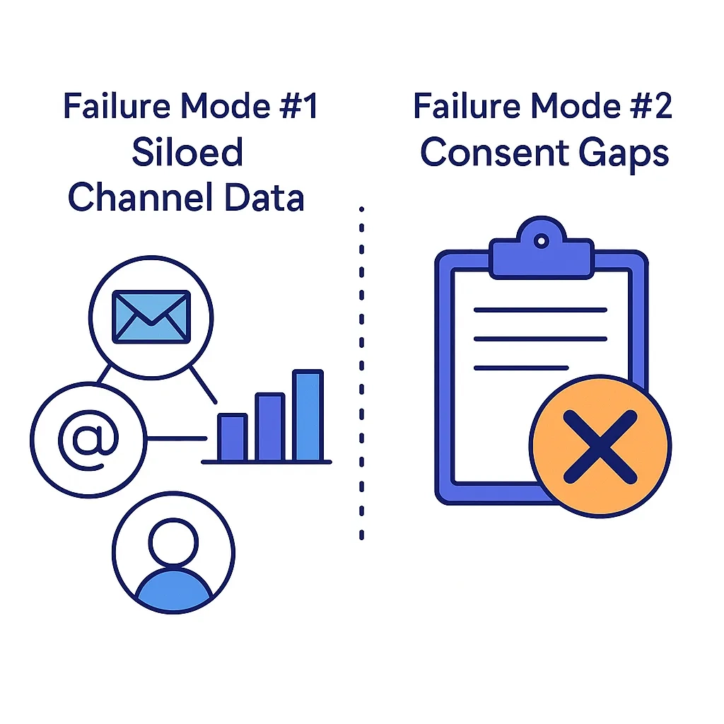 Isolated email, phone, and SMS icons beside a clipboard with a cross mark illustrate siloed channel data and consent gaps.