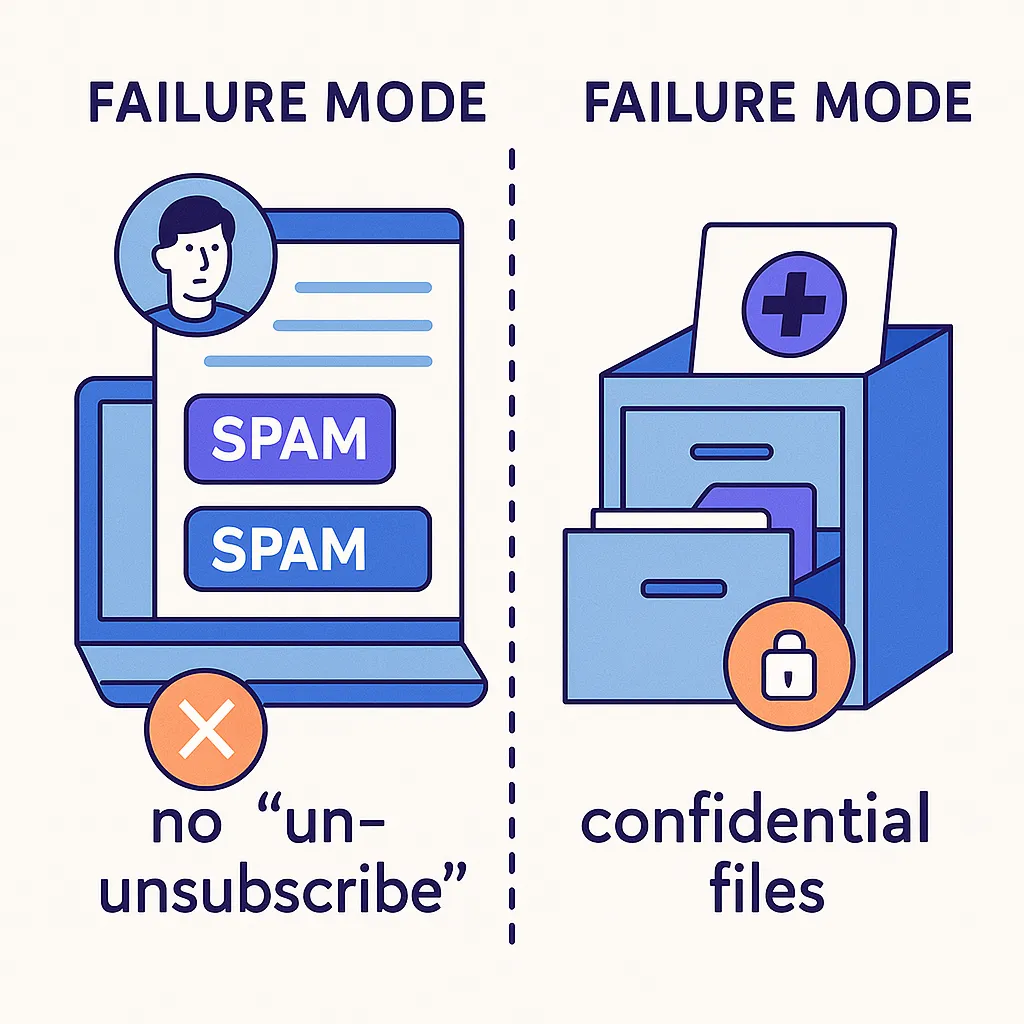A spam-filled inbox without unsubscribe links and an open filing cabinet of confidential files show weak controls.
