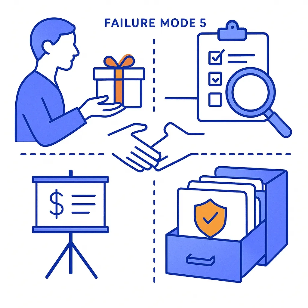 A hidden gift and handshake next to scattered paperwork and folders depict opaque value transfers and audit chaos.