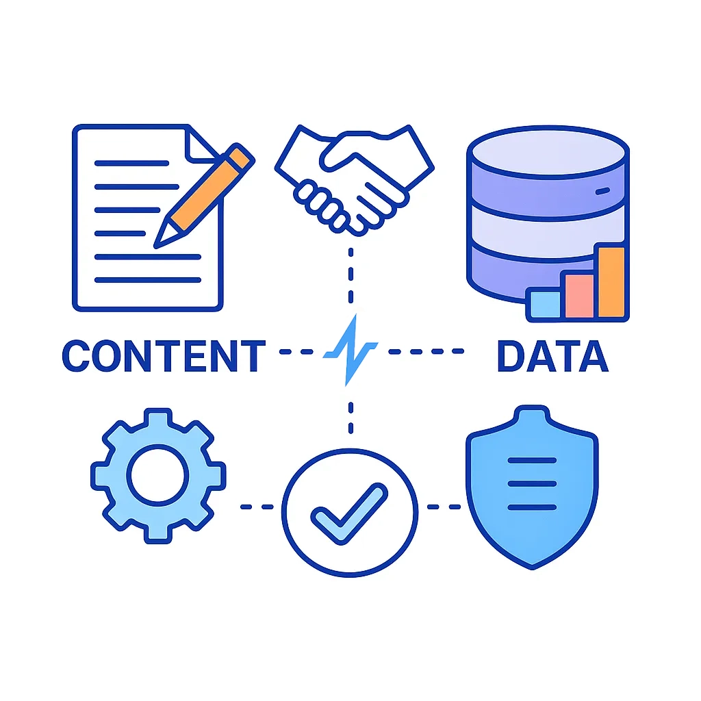 A document and a database with locks and shields emphasize approved content and secure data handling.
