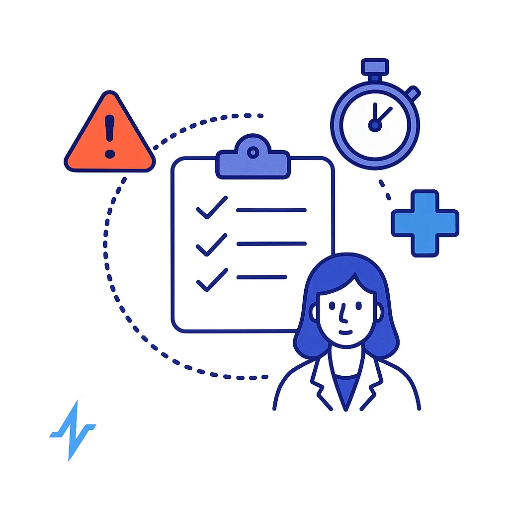 A stopwatch and alert link to a patient profile and form, highlighting the need for rapid adverse event reporting.