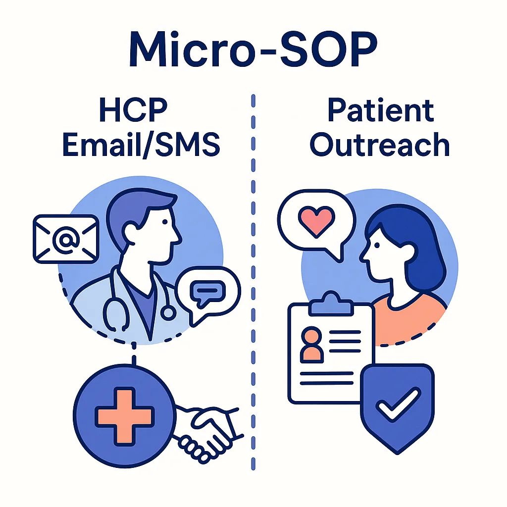 Split panels show HCP email and SMS steps alongside patient outreach steps to visualize micro-SOP procedures.