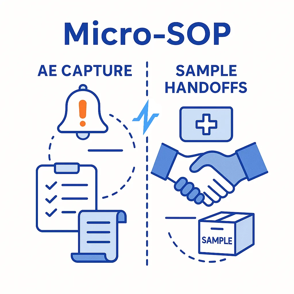A bell and checklist for event capture, and a handshake with a sample box, illustrate AE capture and safe handoffs.