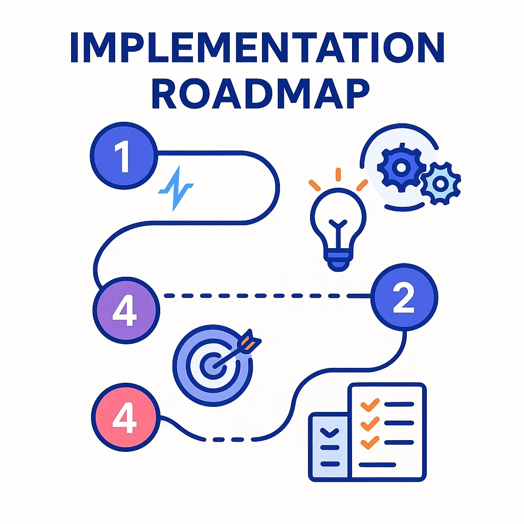 A stylized timeline with milestones, gears, and checklists conveys a 90-day implementation roadmap.