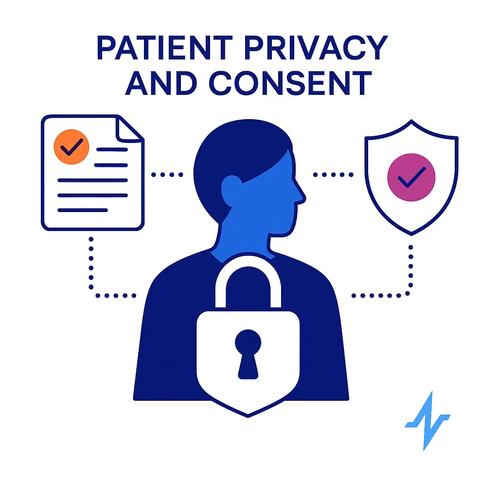 A secure lock overlays a patient silhouette with dotted lines to consent forms and a privacy shield.