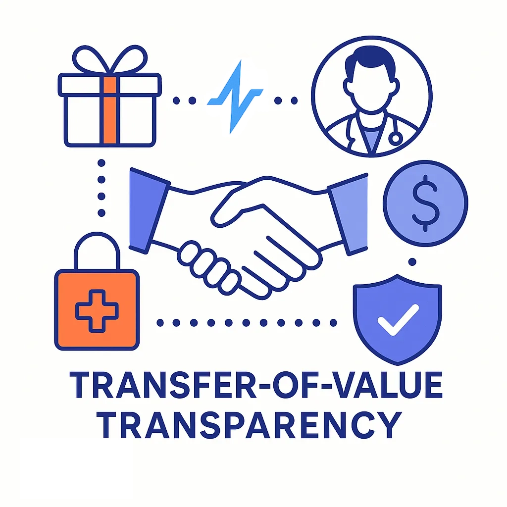 A handshake between a doctor and representative connects to a ledger and shield, symbolizing transparent value transfers.