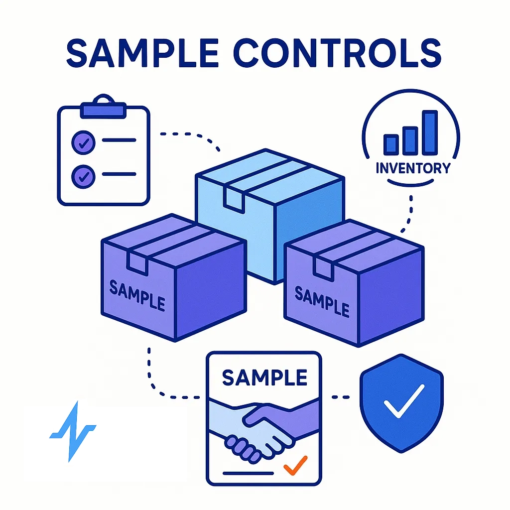 Sample boxes connect to checklists and inventory charts to illustrate controlled distribution and documentation.
