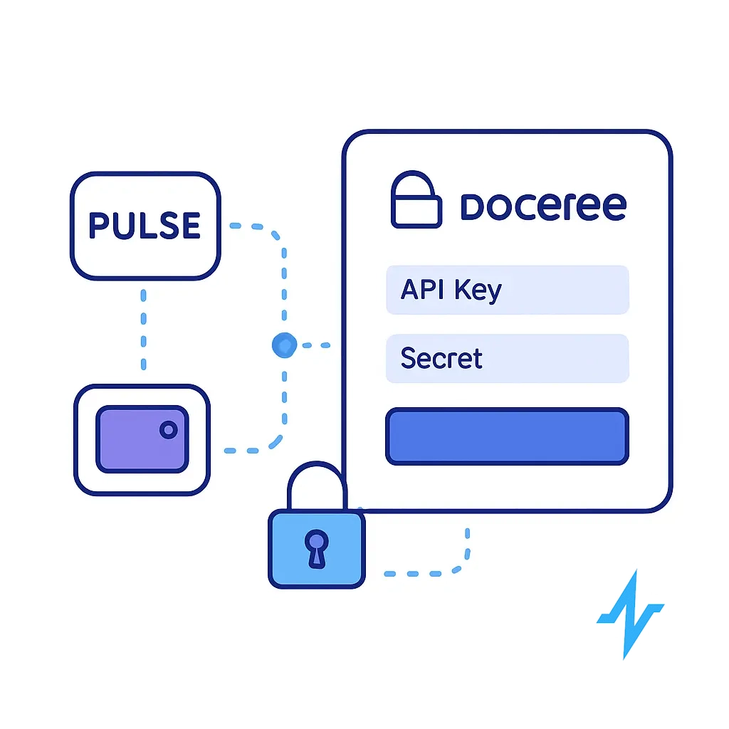 Login form with API key and secret fields and lock icons showing secure credential entry for Doceree.
