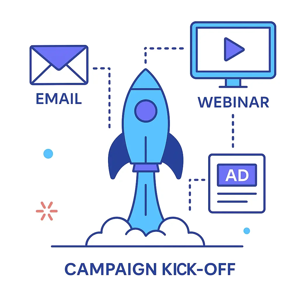 Rocket launching with dotted lines to email, ad and webinar icons symbolizing campaign kickoff after integration.